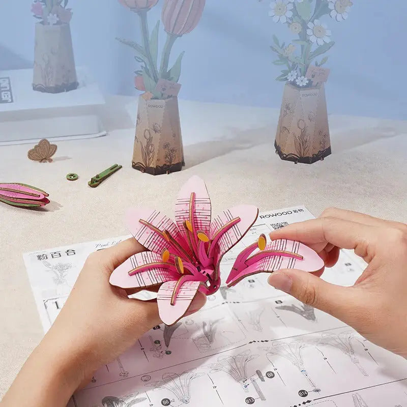 Rowood Pink Lily DIY Flower 3D Wooden Puzzle Toys Quiz
