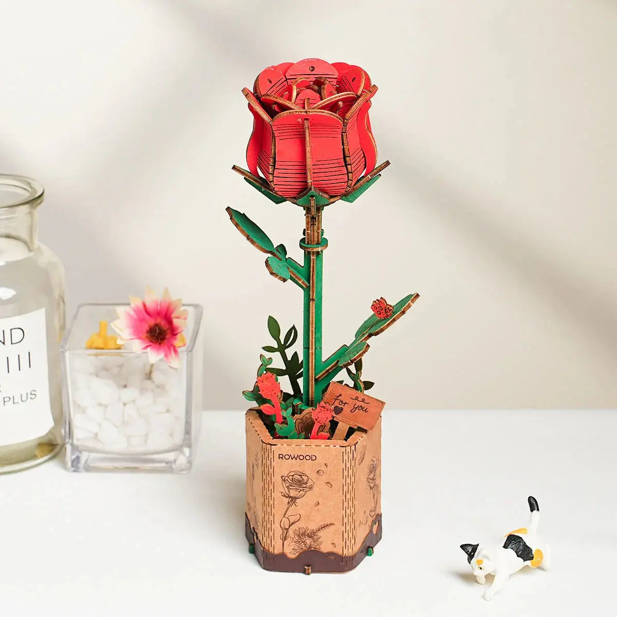 Rowood Red Rose DIY Flower 3D Wooden Puzzle Toys Quiz