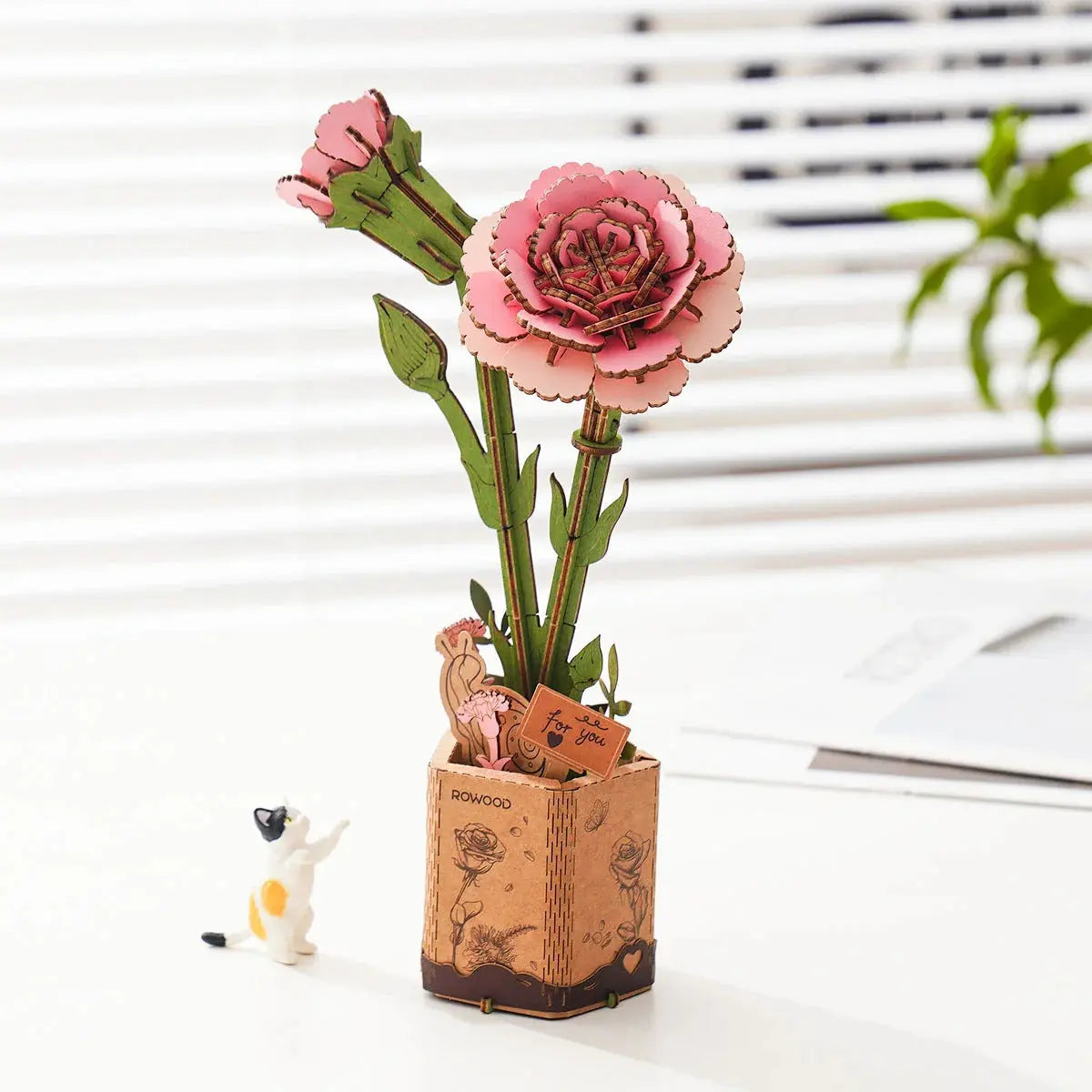 Rowood Pink Carnation DIY Wooden Flower 3D Puzzle Toys Quiz