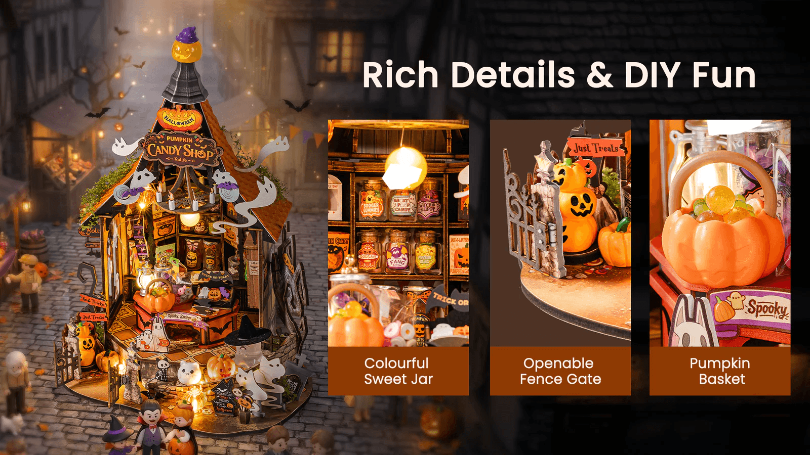 Rolife Haunted Candy House with colorful sweet jars, opening gate and pumpkin candy basket