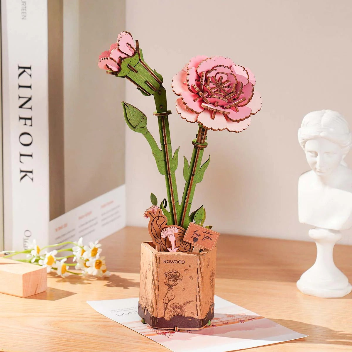 Rowood Pink Carnation DIY Wooden Flower 3D Puzzle