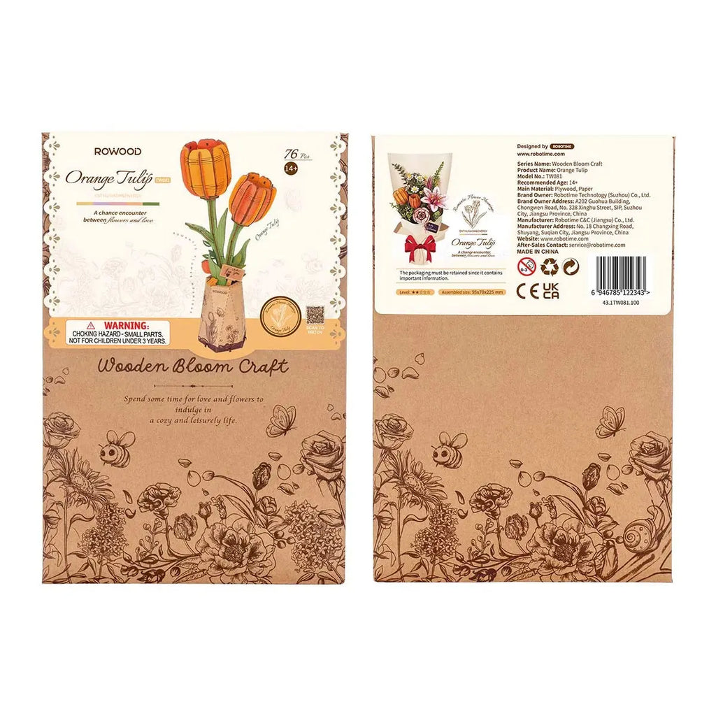 Rowood Orange Tulip DIY Wooden Flower 3D Puzzle Toys Quiz