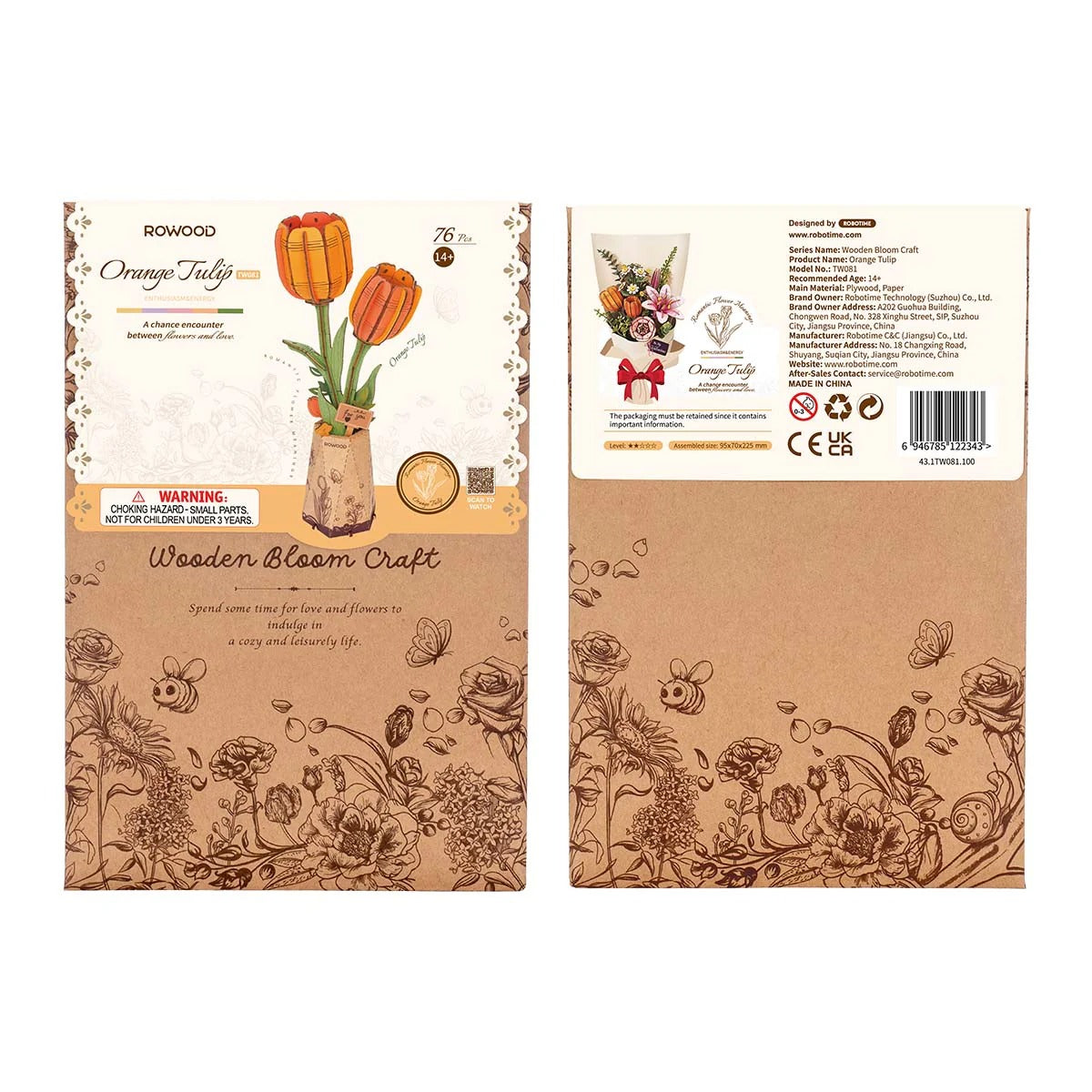 Rowood Orange Tulip DIY Wooden Flower 3D Puzzle