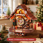 Illuminated ROKR LCB01 cuckoo clock on a tabletop with the caption “Music: Christmas Wonder Makers”.