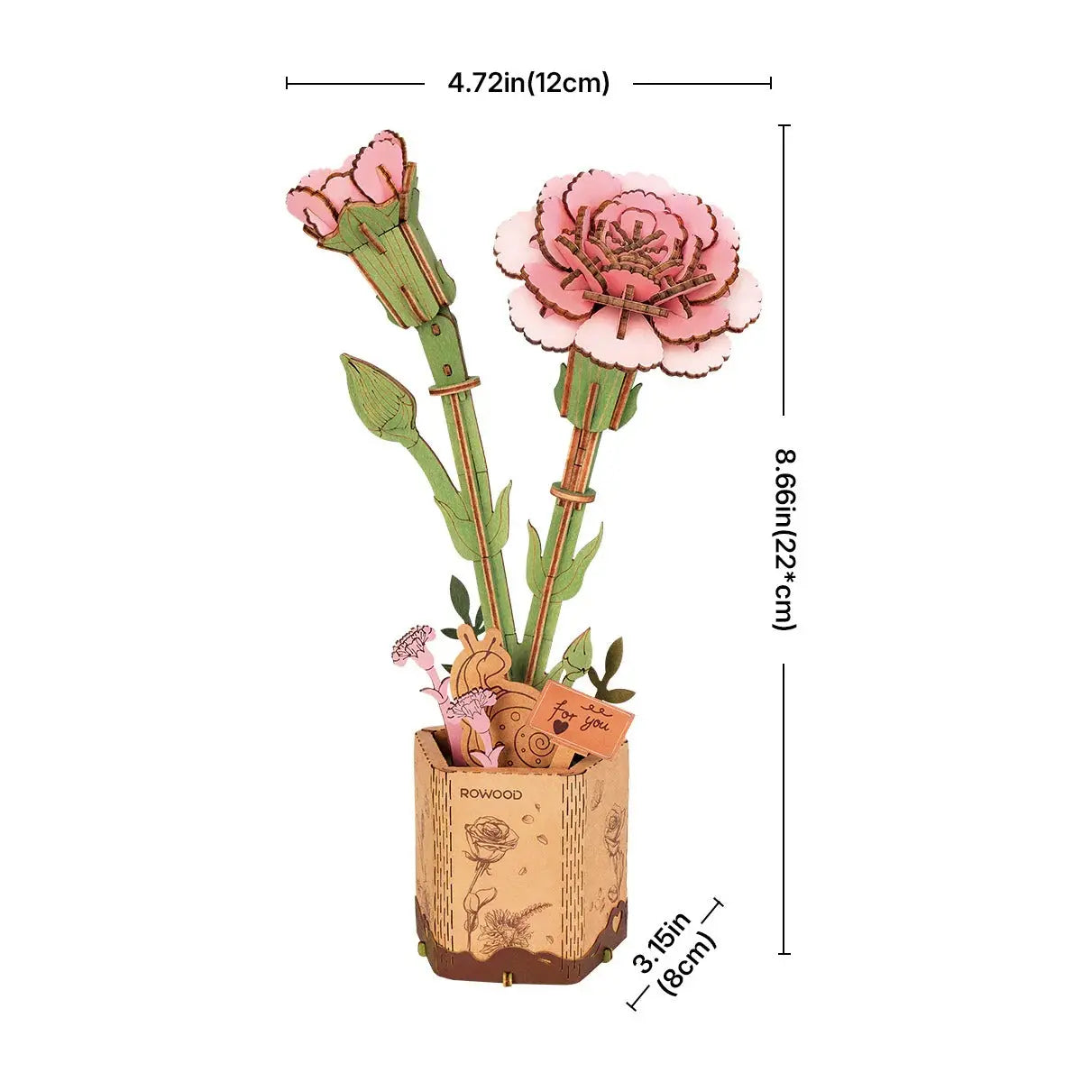 Rowood Pink Carnation DIY Wooden Flower 3D Puzzle Toys Quiz