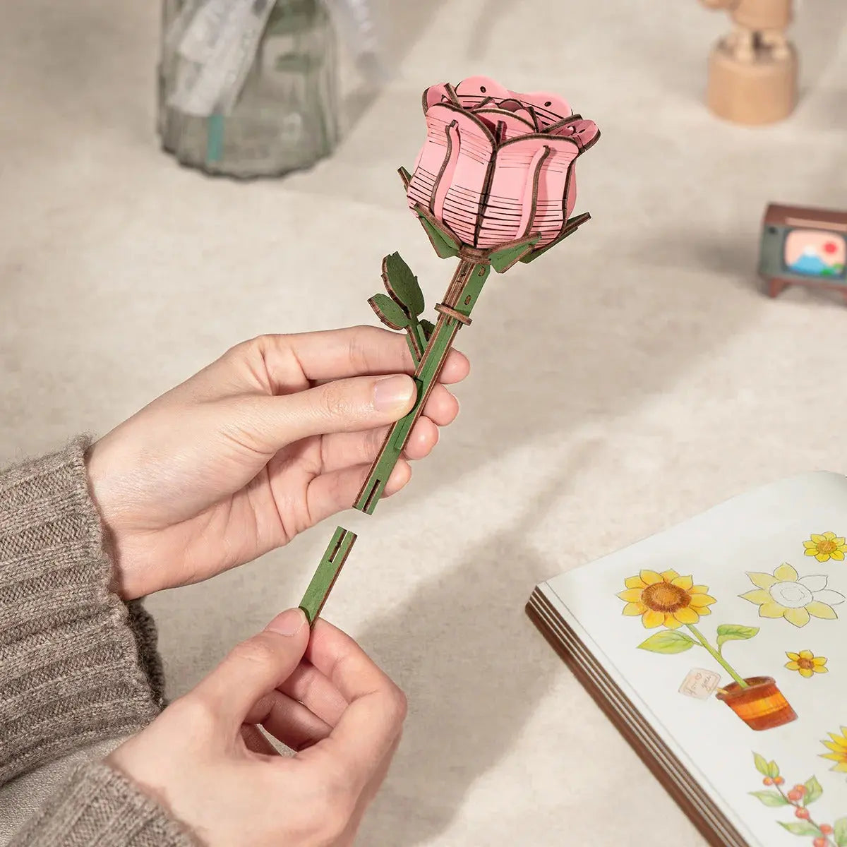 Rowood DIY Wooden Flower Bouquet 3D Wooden Puzzle Toys Quiz