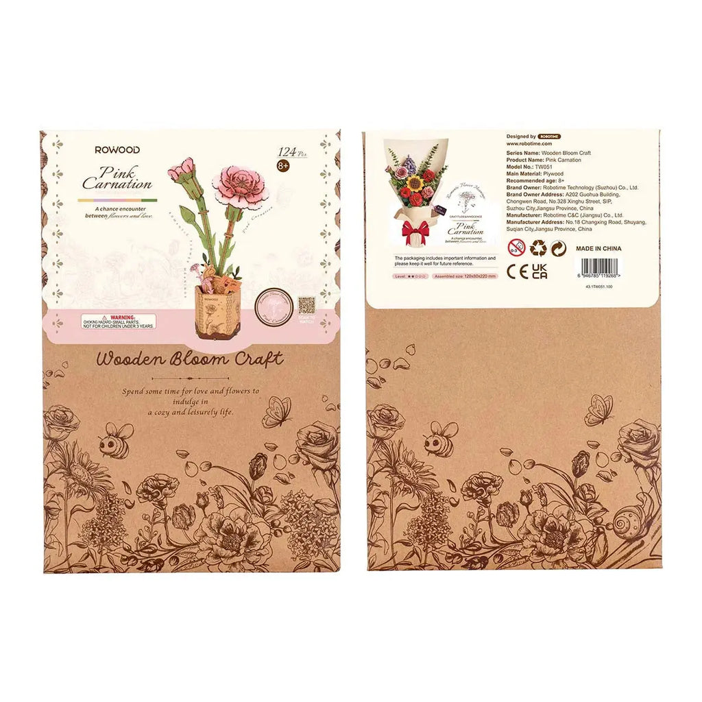 Rowood Pink Carnation DIY Wooden Flower 3D Puzzle Toys Quiz