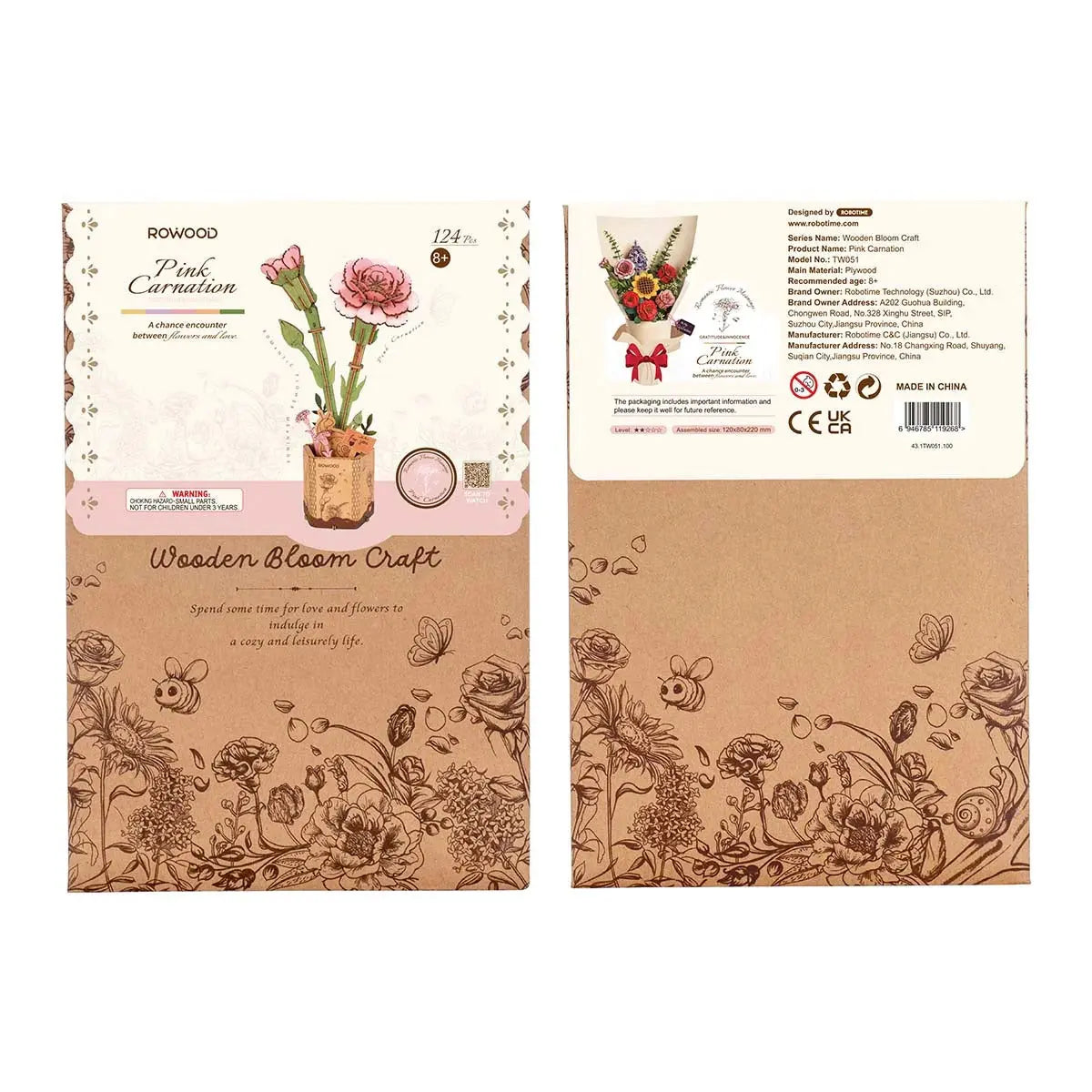 Rowood Pink Carnation DIY Wooden Flower 3D Puzzle Toys Quiz