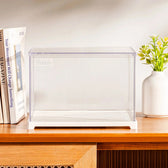 Small acrylic display case DF04L styled on a wooden shelf