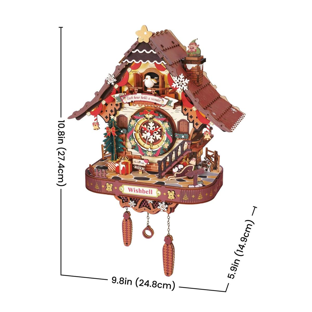 ROKR LCB01 Christmas cuckoo clock with illustrated width, depth and height measurements.