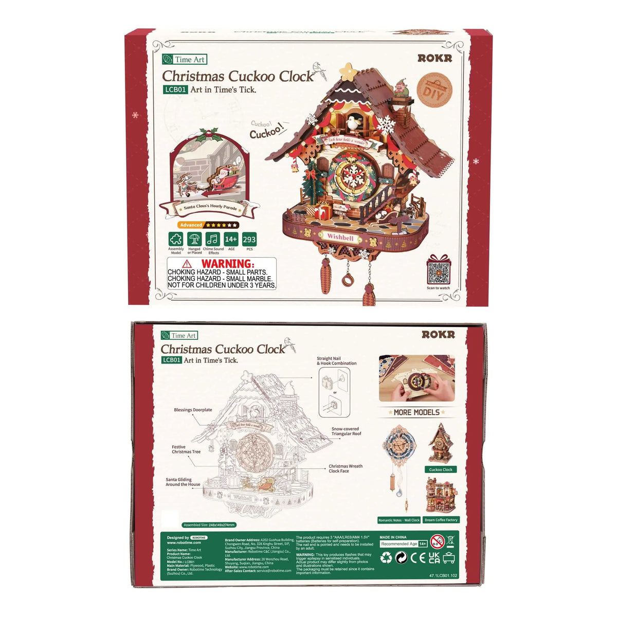 Front and back of the ROKR LCB01 Christmas Cuckoo Clock kit box, showing the finished model and product information.
