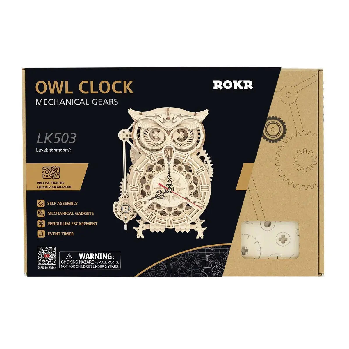 ROKR Owl Clock Mechanical Gears 3D Wooden Puzzle Toys Quiz