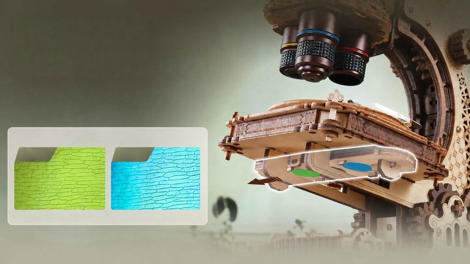 ROKR wooden microscope beside magnified green and teal fabric specimens