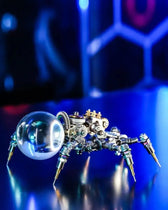 Jumping Spider cyberpunk metal model displayed against blue futuristic lighting