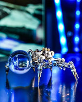 Mechanical Jumping Spider model with illuminated crystal core under blue lighting