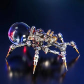 Finished mechanical spider model with crystal core displayed under blue light