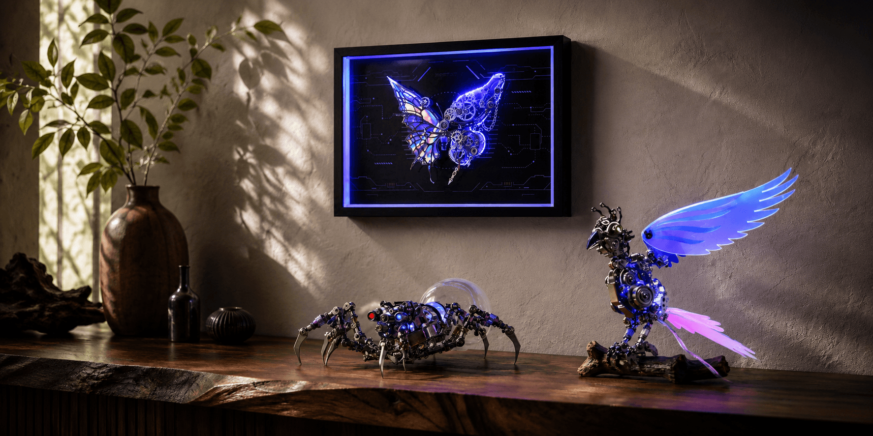 Illuminated metal puzzle models including a mechanical spider, bird and framed butterfly displayed in a modern interior