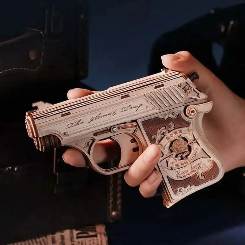 Mechanical Wooden Toy Gun with precision-cut wooden parts - Toys Quiz