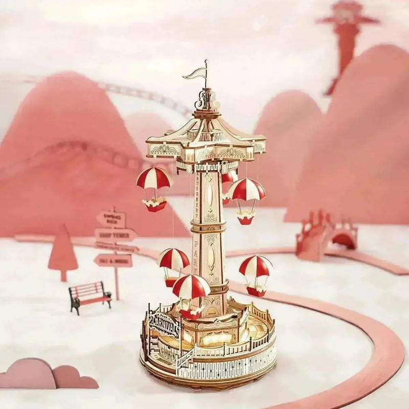 Parachute Tower DIY Music Box 3D Wooden Puzzle - Toys Quiz