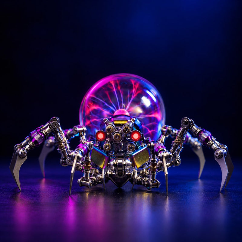 Completed Mostarle Plasma Ball Spider with glowing red eyes and a purple plasma ball on a dark surface.