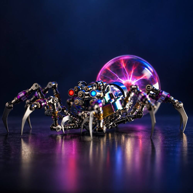 Completed Mostarle Plasma Ball Spider with illuminated eyes and a glowing plasma ball on a dark tabletop.