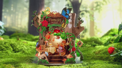 Rolife Forest Tea Party AMT03 music box with a rotating tea table and rocking seat in a woodland setting