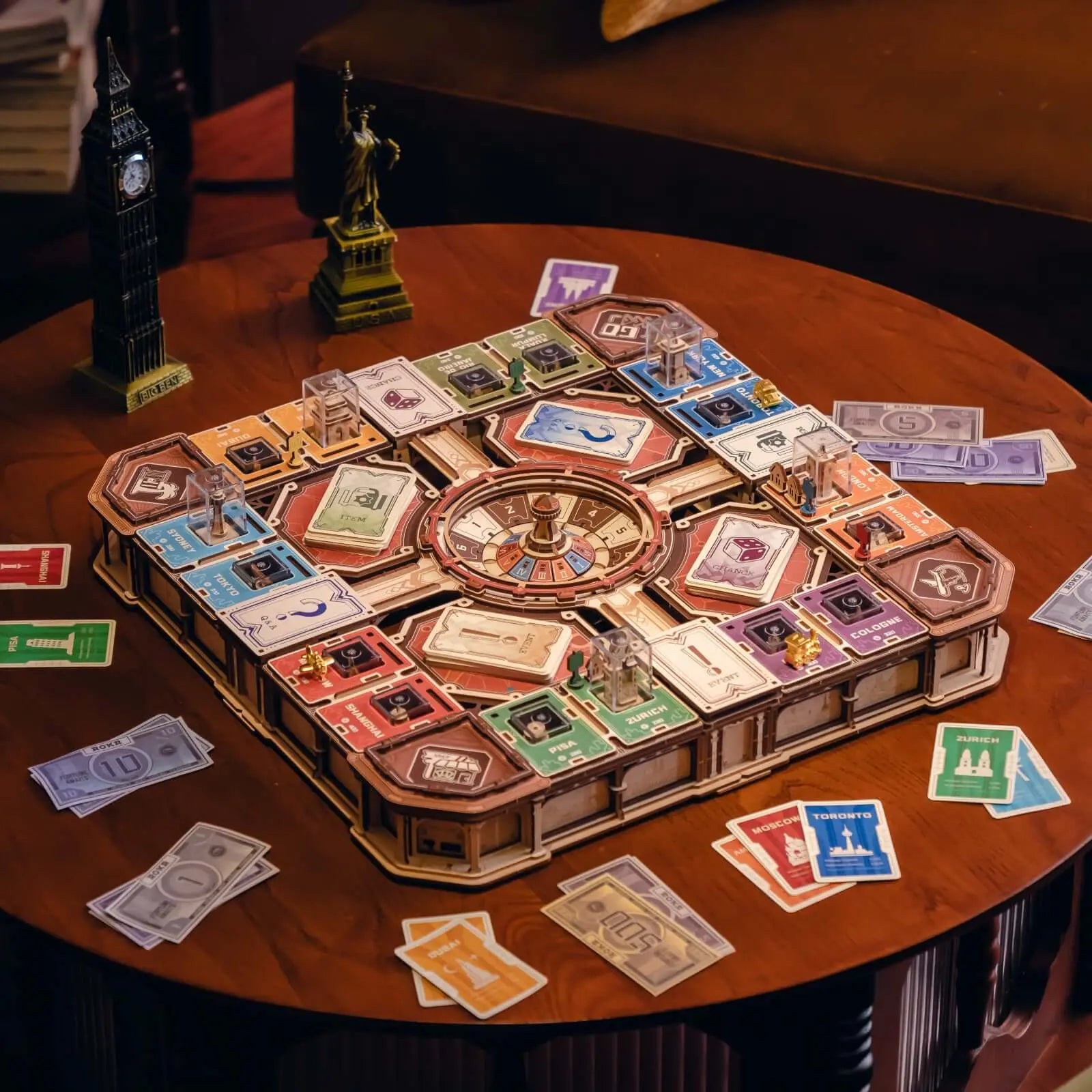 Completed ROKR Fortune Quest EGM01 board with global landmarks, cards and banknotes