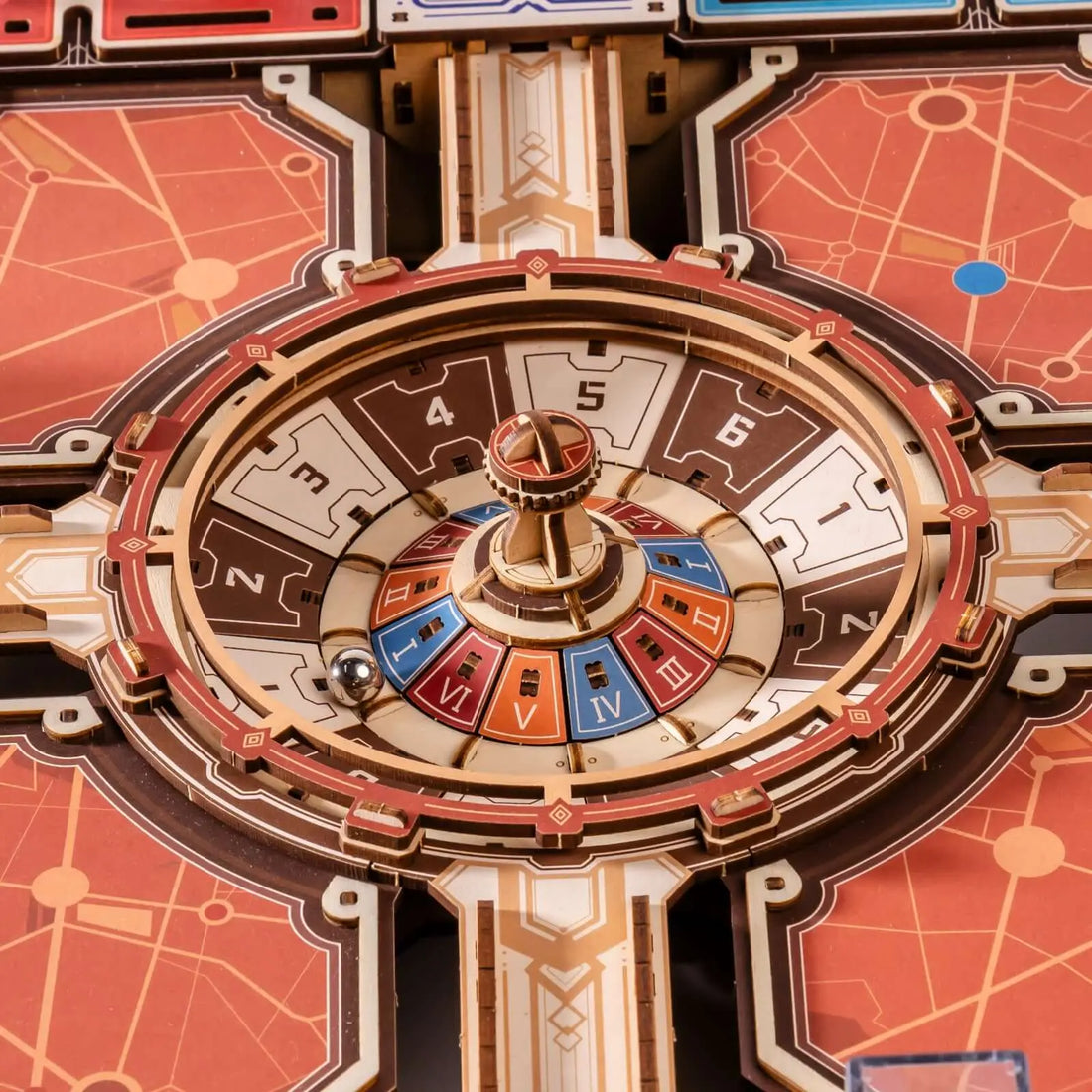 Close-up of the numbered marble spinner at the center of the ROKR Fortune Quest board.