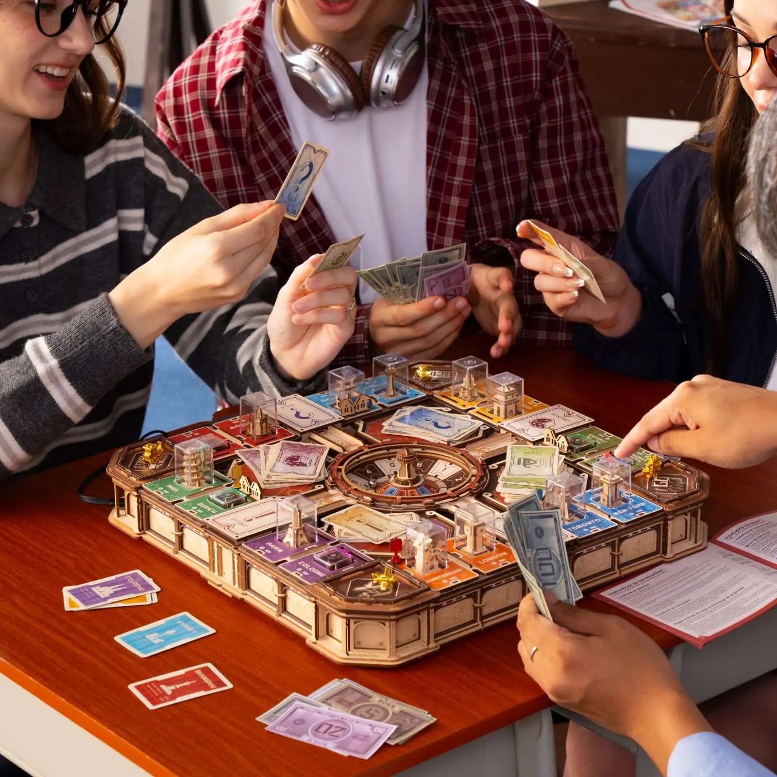 Friends playing the ROKR Fortune Quest EGM01 interactive wooden board game
