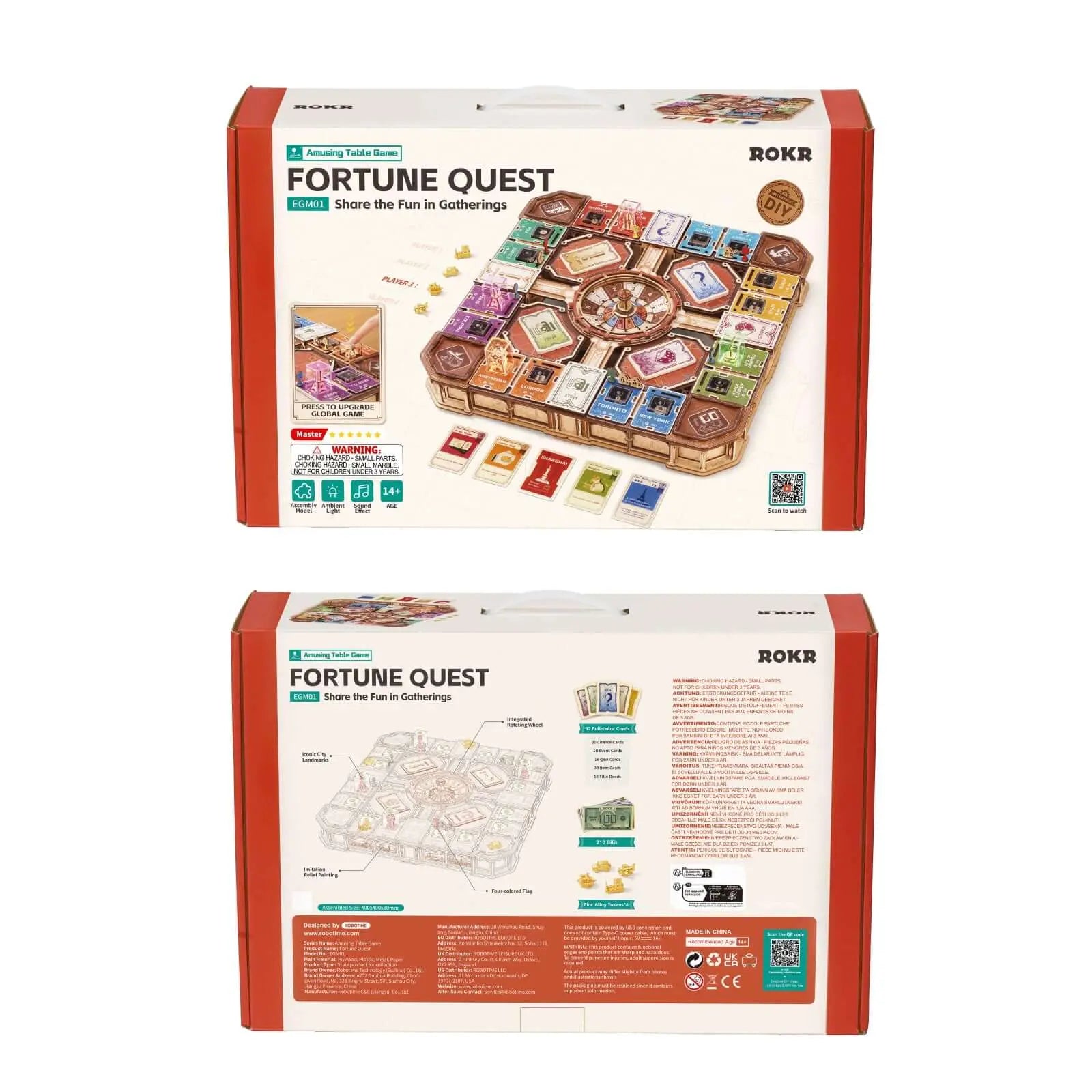 Front and back packaging of the ROKR Fortune Quest EGM01 3D wooden puzzle kit