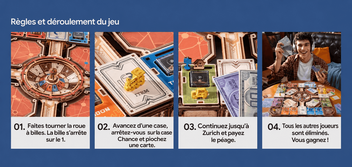 Règles de ROKR Fortune Quest EGM01 illustrées en quatre étapes, de la roue à billes jusqu’à la victoire.