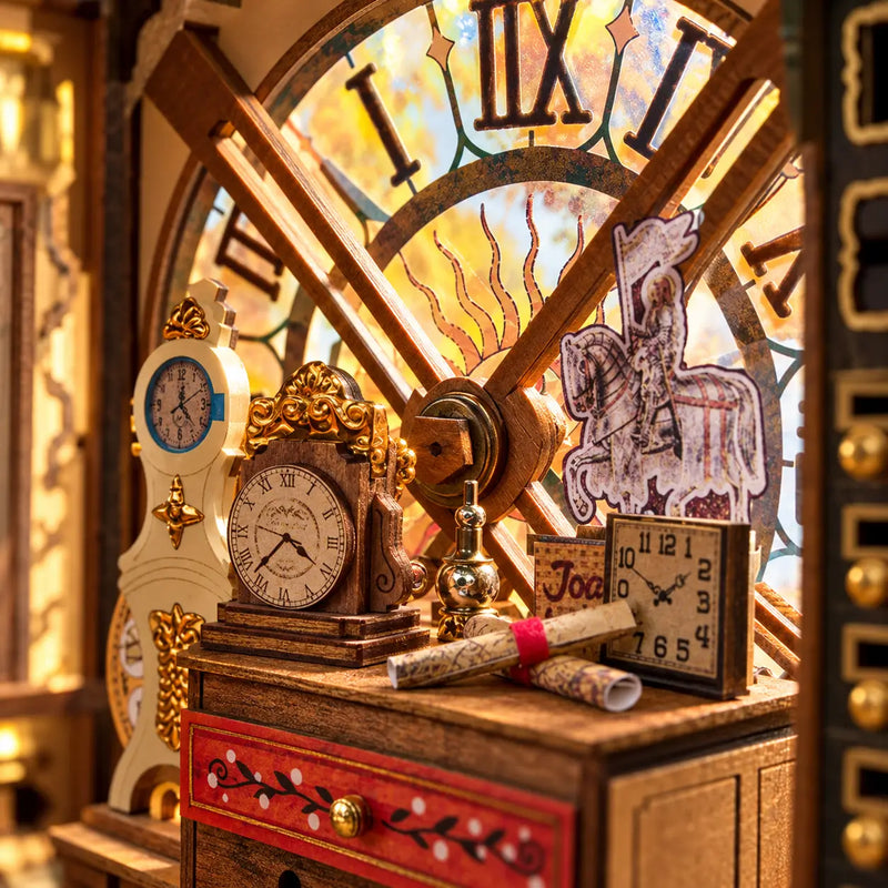 Close-up of the circular clock window, miniature clocks and red drawer cabinet in Rolife Clockwise Clocks DH104.
