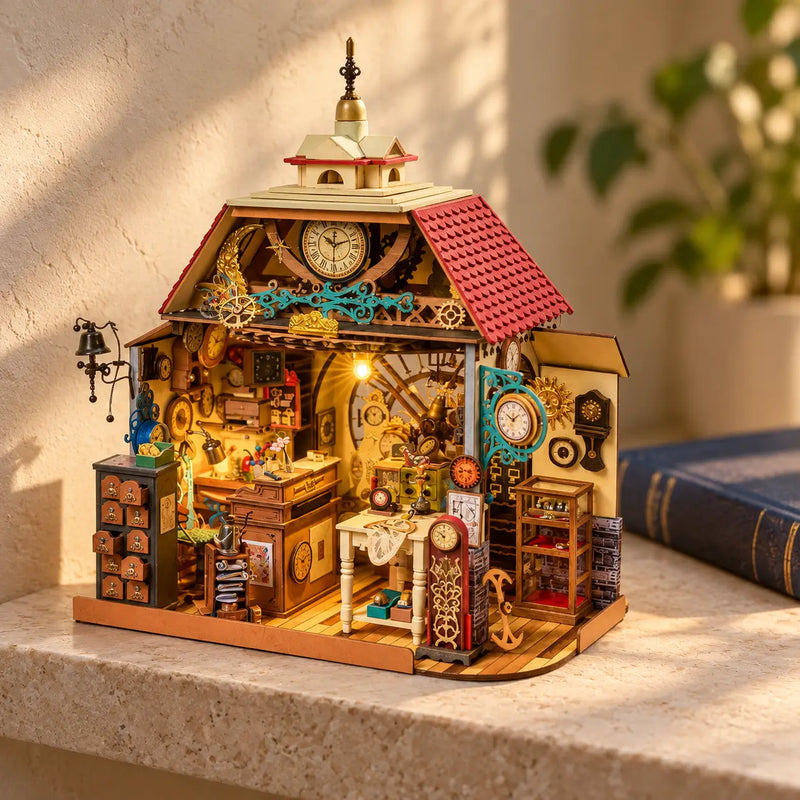 Rolife Clockwise Clocks DH104 miniature clock shop illuminated on a stone shelf, with a red roof and ornate clock displays.