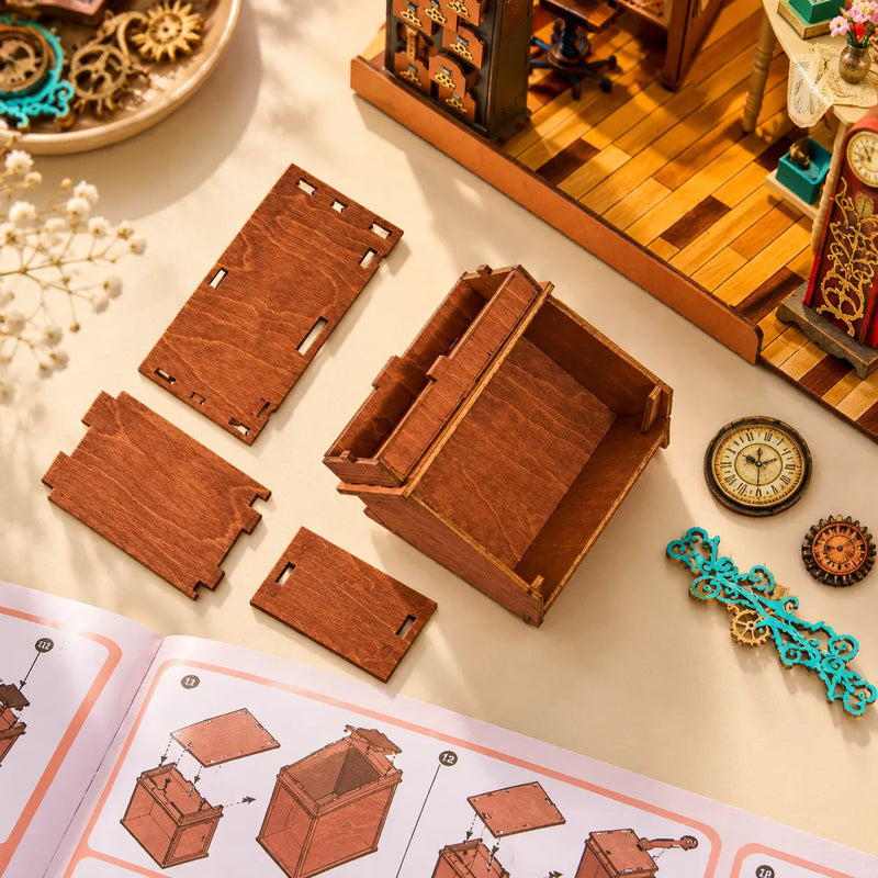 Wooden cabinet parts, miniature clock faces and assembly instructions for the Rolife Clockwise Clocks DH104 kit.