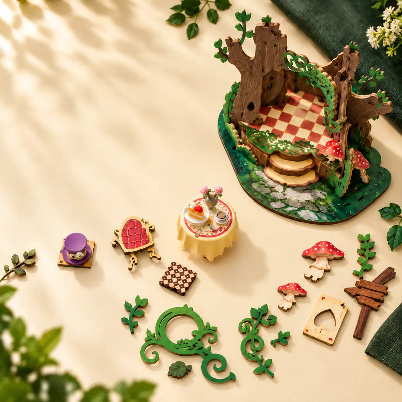 Rolife Forest Tea Party AMT03 partially assembled with wooden components arranged on a cream work surface