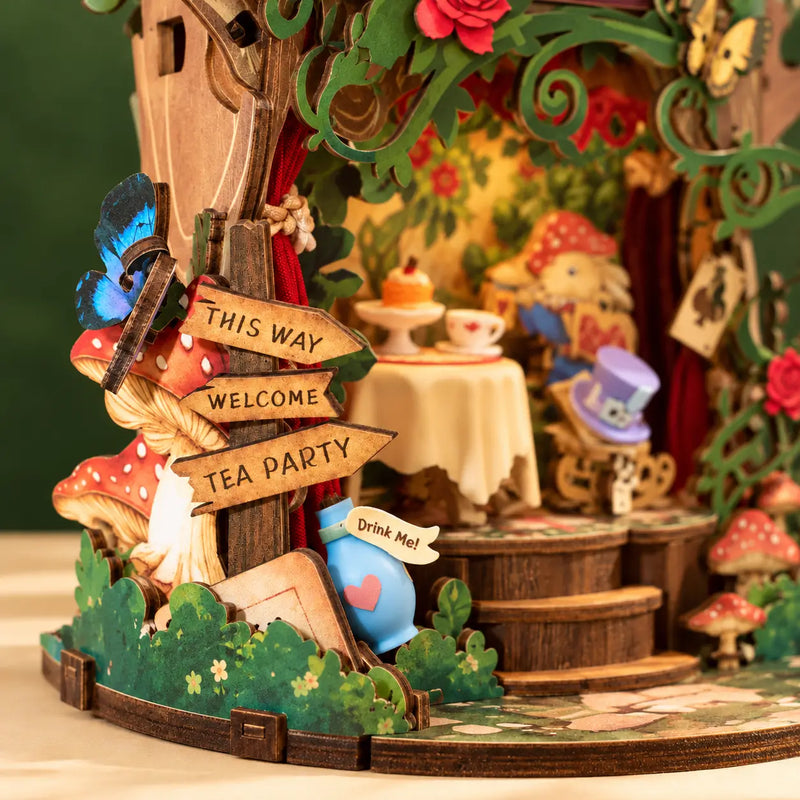 Forest Tea Party AMT03 woodland signpost beside spotted mushrooms and a blue heart-decorated bottle