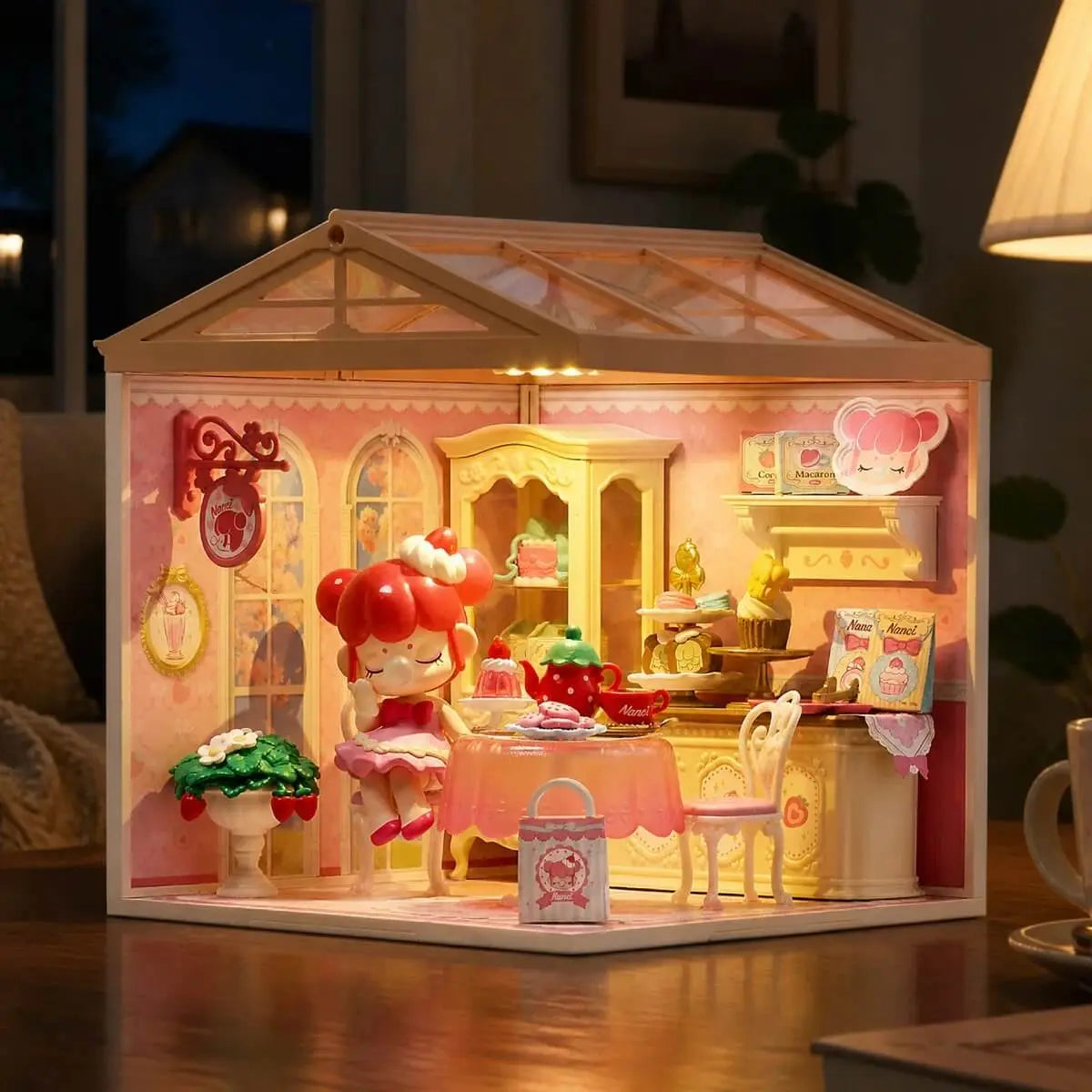 Rolife Nanci Strawberry Teatime DWL07 illuminated by warm LED lights with display roof fitted