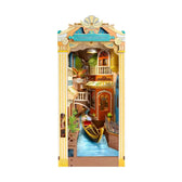 Front view of the illuminated Rolife Romantic Venice book nook kit with gondola and canal