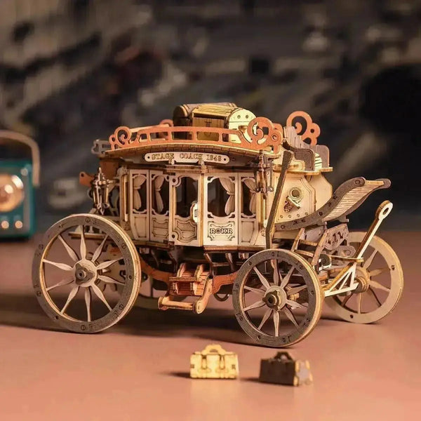 Hand-cranked Wooden Music Box with moving stagecoach - Toys Quiz