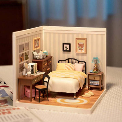 Cozy bedroom interior in DIY Miniature House Kit with soft lighting - Toys Quiz