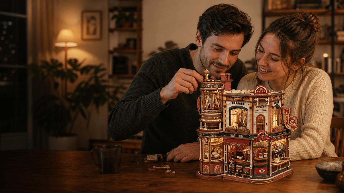 Couple building the illuminated ROKR Coffee Factory 3D wooden puzzle together at a cozy table.