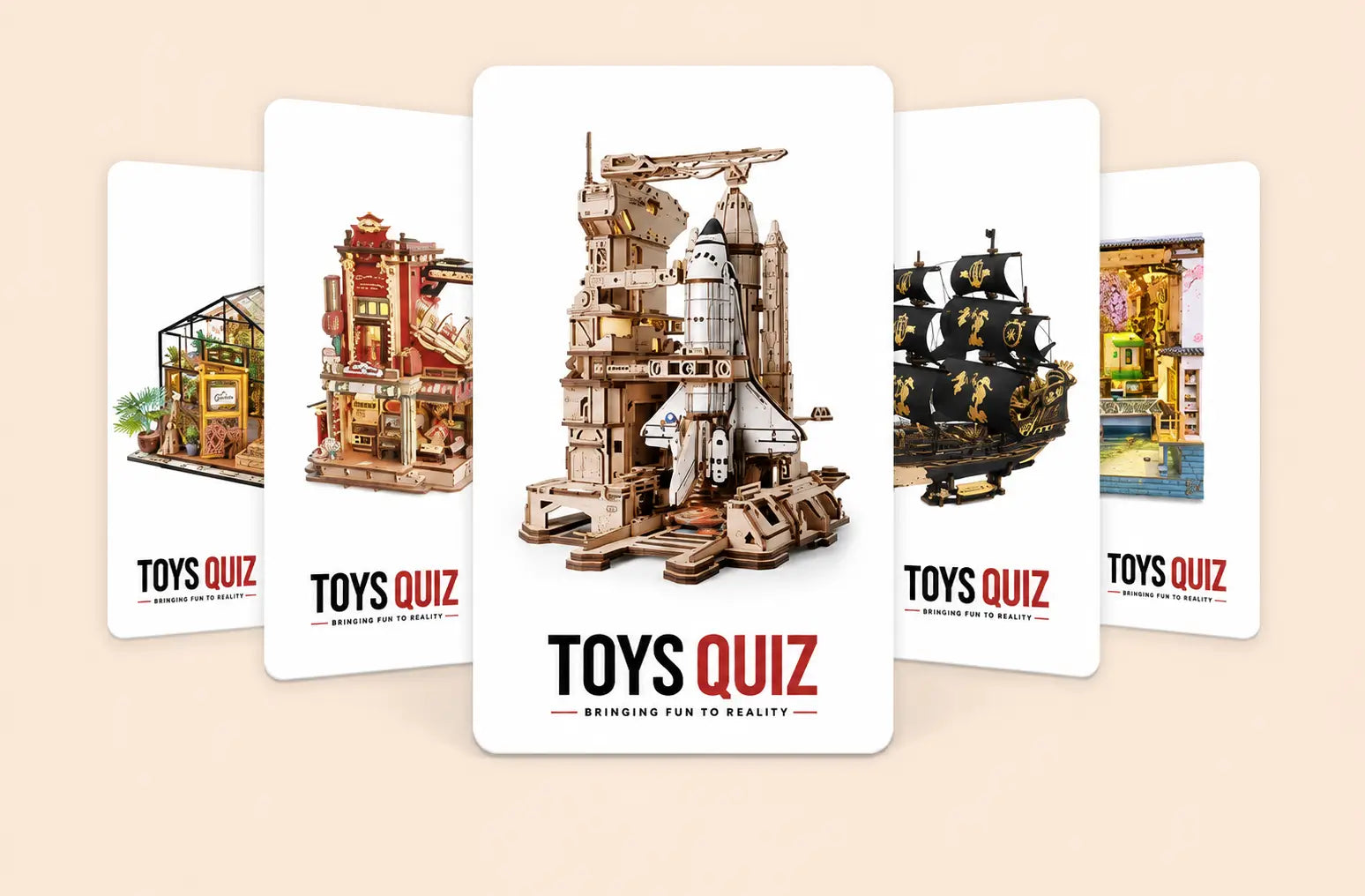 Toys Quiz gift cards featuring premium 3D wooden puzzles, DIY miniature kits, book nooks, and model building gifts.