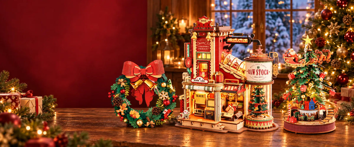 A warm Christmas workshop filled with wooden miniature gifts, a decorated tree and festive lights