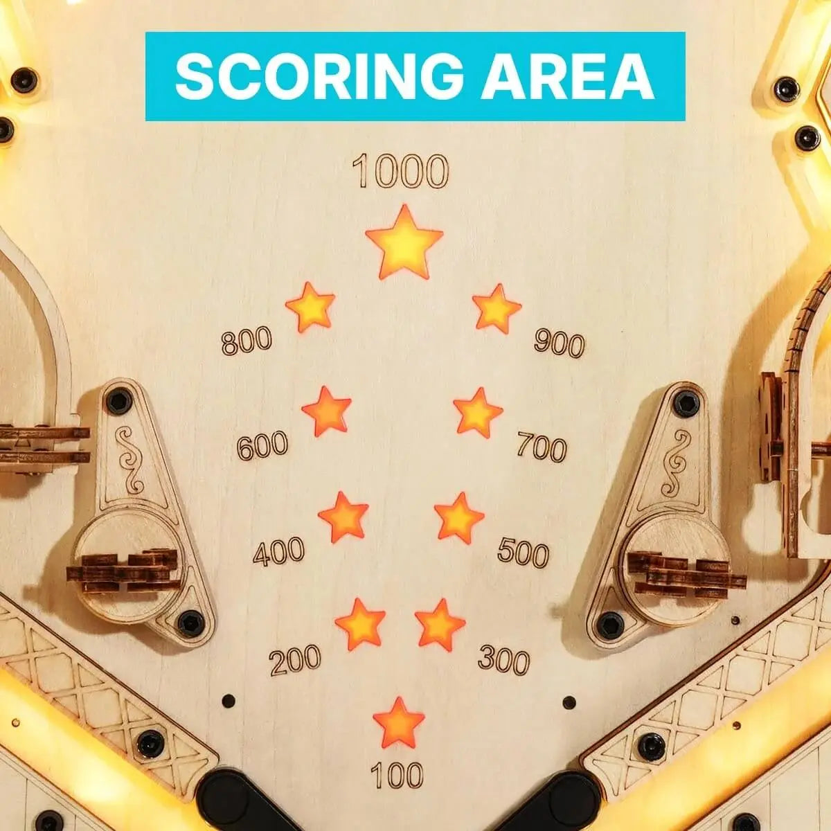Wooden pinball machine scoring area with illuminated 100 to 1000 point targets and flippers