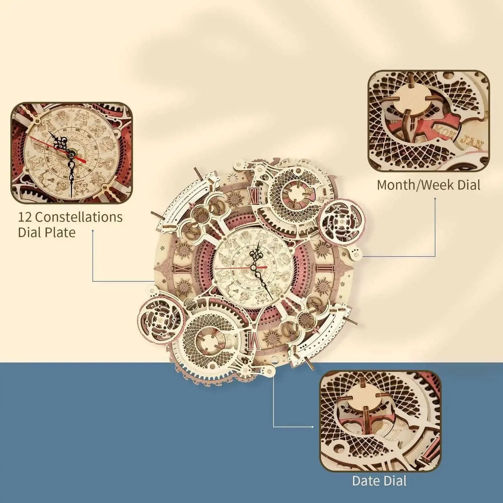 DIY wooden clock puzzle kit featuring detailed zodiac engravings - Toys Quiz